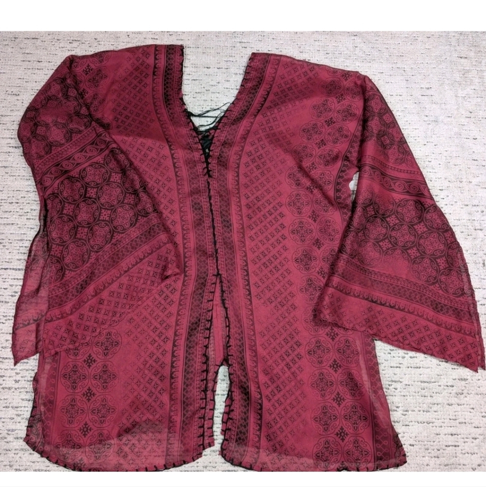 Single Burgundy 100% Silk Kimono Style Blouse with Black Accents
